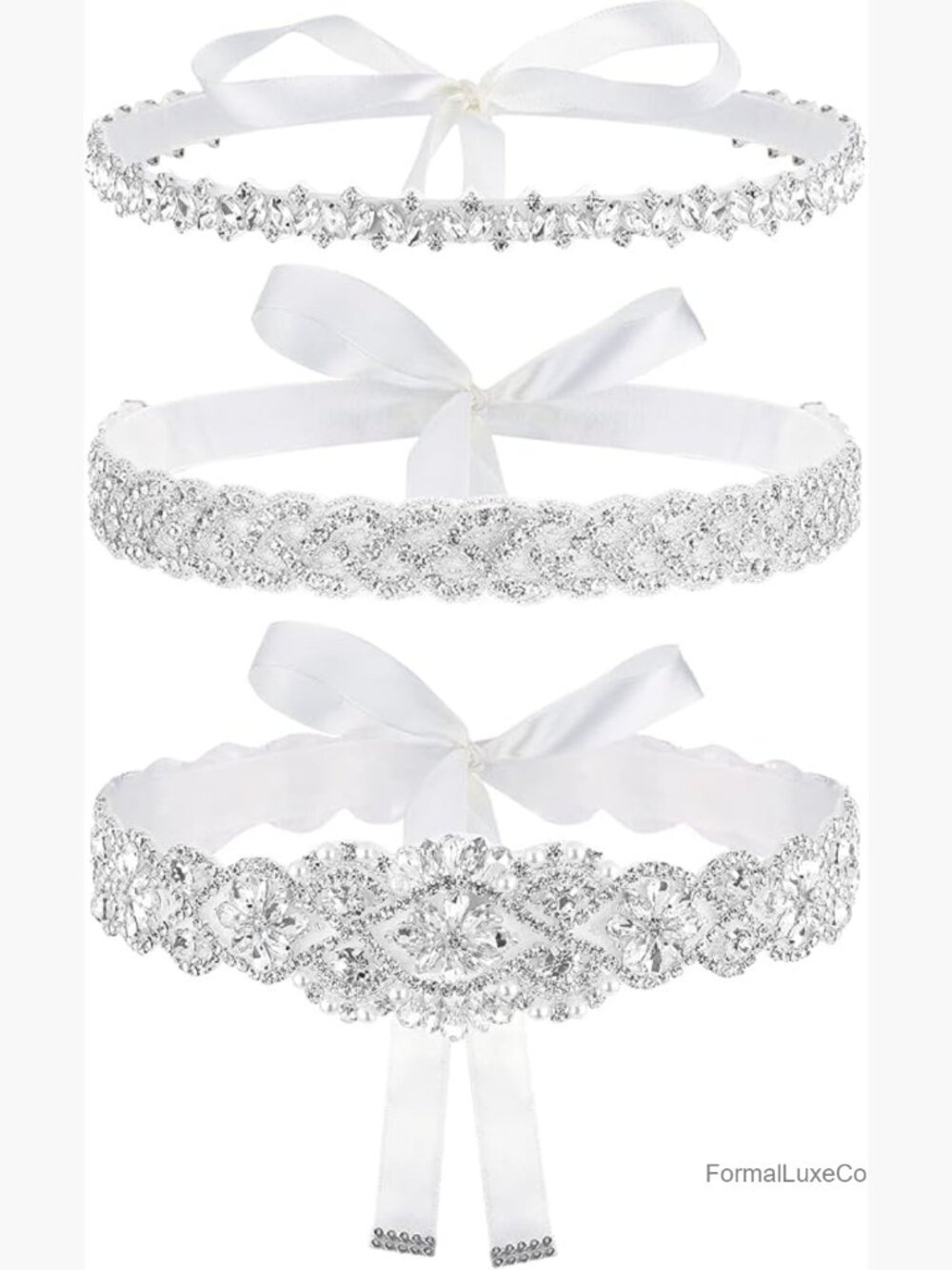 3-Piece Crystal Rhinestone Wedding Belt Set Obi Sash for Bridal Evening Party